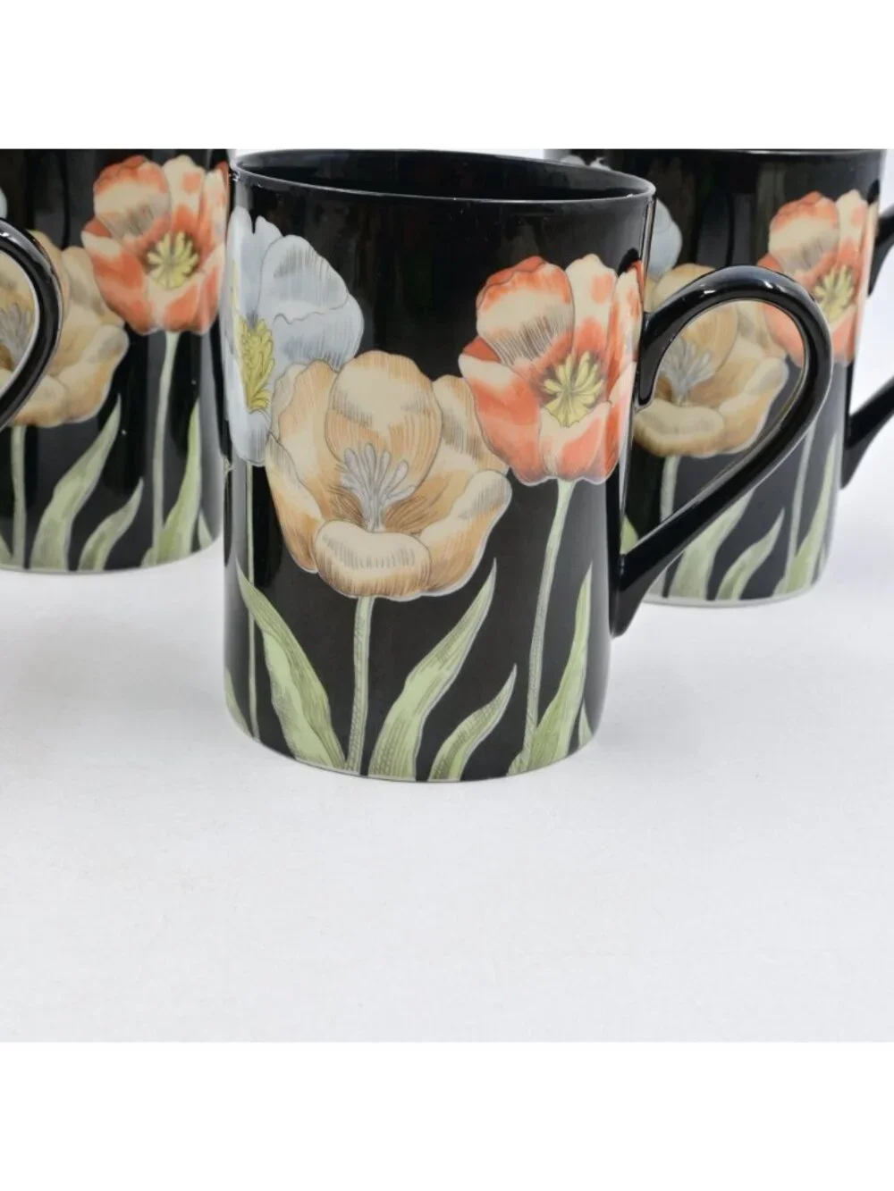 Fitz & Floyd Midnight Poppy Black Ceramic Floral Coffee Mugs Set Of 4
